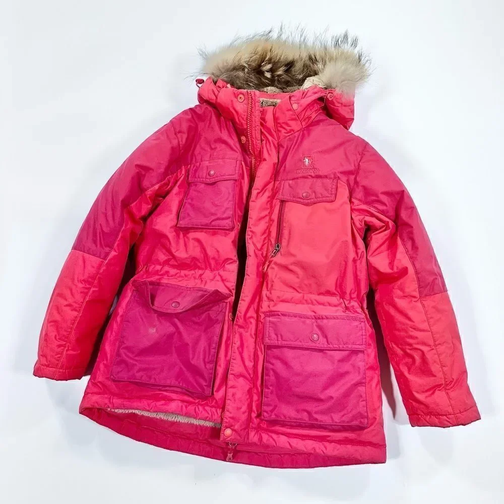 Black Yak red down puffer arctic snow coat with fur lined hood 145cm 10